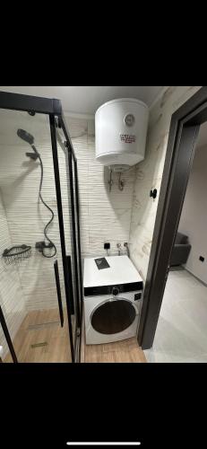 a small bathroom with a shower and a sink at Lux Central Apartment in Kilkís