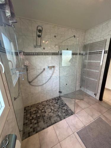 un bagno con doccia con porta in vetro di Ferienwohnung Hocheifelblick a Reifferscheid