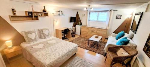 een woonkamer met een bed en een bank bij LA Grâce d'Amboise in Amboise