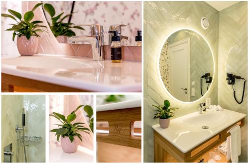 a collage of pictures of a bathroom with a sink and a mirror at Walaker Hotel in Solvorn