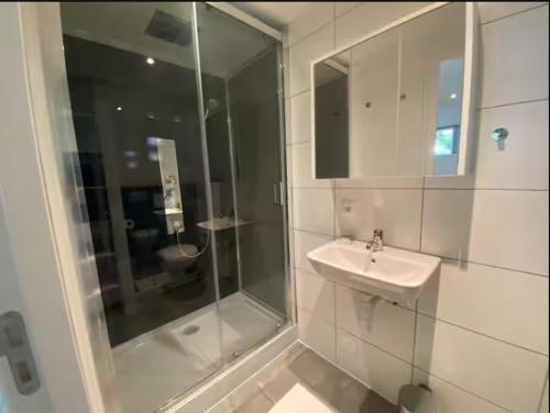 a bathroom with a shower and a sink at Gastensuite Eindhoven B&B Flora in Eindhoven