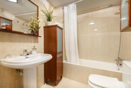 a bathroom with a sink and a toilet and a tub at Alojamiento Las Guixas Villanua in Villanúa