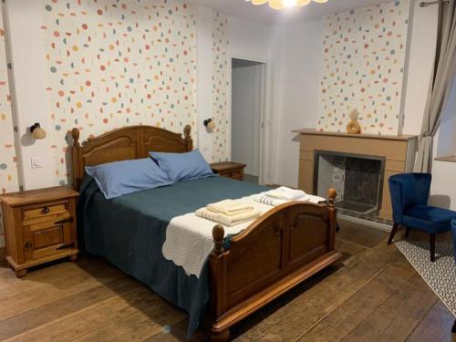 a bedroom with a bed and a fireplace at Bel appartement de plein pied avec jardin privé in Moncayolle-Larrory-Mendibieu