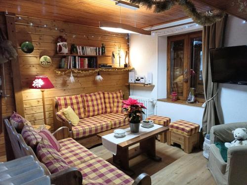 ein Wohnzimmer mit zwei Sofas und einem Tisch in der Unterkunft Une maison chaleureuse et accueillante au cœur de la Chartreuse in Saint-Pierre-dʼEntremont