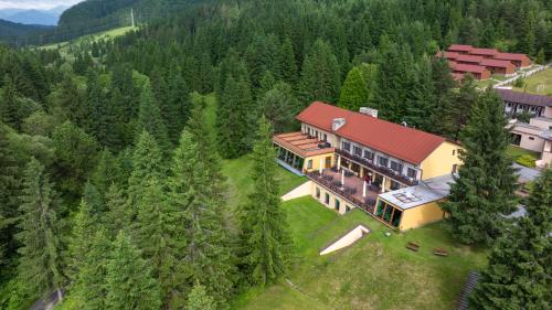 an aerial view of a large house in the woods at Hotel Orava in Dolný Kubín