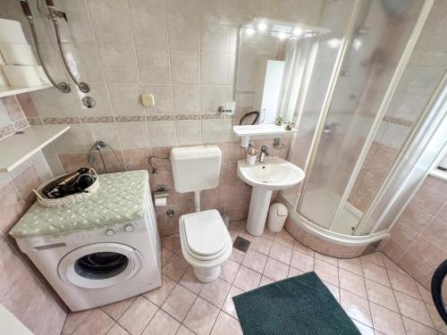 a bathroom with a shower toilet and a washing machine at Apartment Pali in Klek