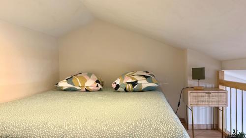 zwei Kissen auf einem Bett in einem Zimmer in der Unterkunft Le cocon mâconnais pour deux in Mâcon