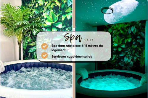 a collage of photos with a jacuzzi in a bathroom at Escapade détente Duplex cosy avec SPA Parking in Abbeville