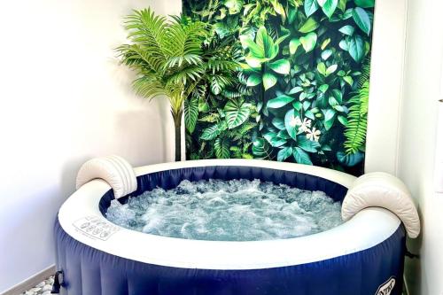 a blue and white bath tub in front of a plant at Le Chant des Oiseaux-Campagne-SPA-Parking in Abbeville