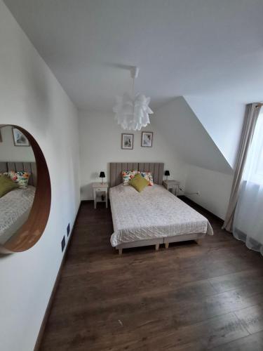 a bedroom with a bed and a large mirror at Apartamenty TUTERRA IV in Zabagnie