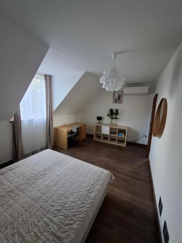 an attic bedroom with a bed and a window at Apartamenty TUTERRA IV in Zabagnie