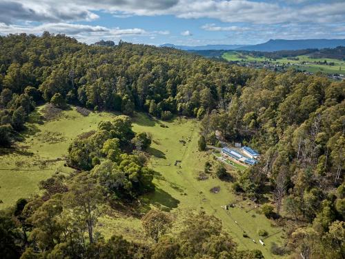 an aerial view of a house in the middle of a forest at One Mile Bridge - Off Grid Stays in Mole Creek