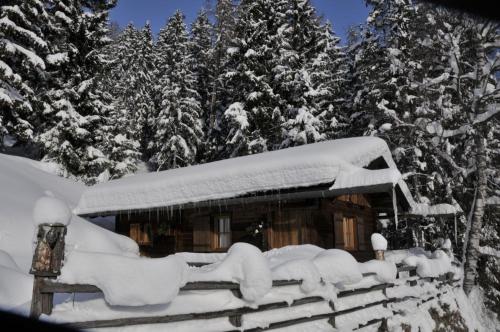 a cabin covered in snow in front of trees at Jägerhütte in Lutago