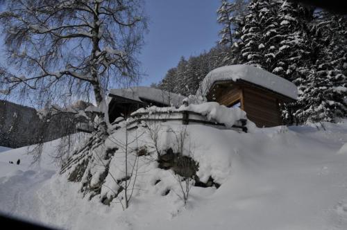 a house covered in snow next to a tree at Jägerhütte in Lutago