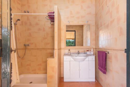 a bathroom with a sink and a shower with a mirror at Villa Durán in Cantillana