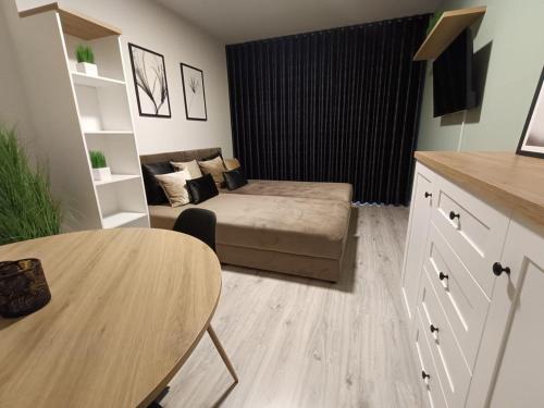 a small room with a bed and a couch at Piotrków Trybunalski Comfort Apartment by BookingHost in Piotrków Trybunalski