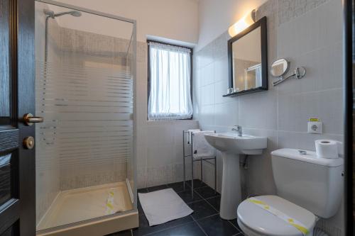 a bathroom with a shower and a toilet and a sink at Pensiunea All Seasons in Iaşi