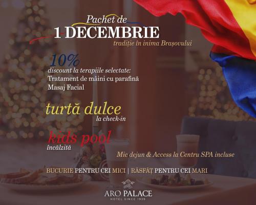 a flyer for a restaurant with a plate of food at Hotel Aro Palace in Braşov