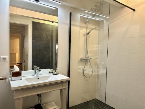 een badkamer met wastafel en douche bij Clos de Fougères - Cocon in Montoillot