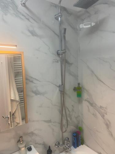 a bathroom with a shower and a sink at Apartament Premium Militari Parcare Self Check-in in Roşu