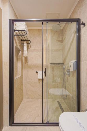 a shower with a glass door in a bathroom at Aletris Deluxe Hotel & SPA in Side