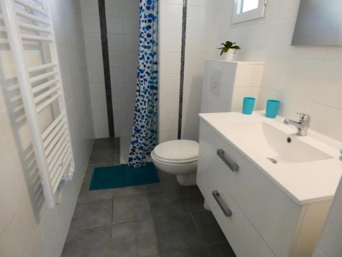 a white bathroom with a toilet and a sink at La lande in Pontonx-sur-lʼAdour
