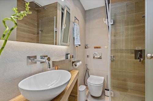 ピレウスにあるh2h NODEhome, fine, tech, smART apt piraeus 1' metroの洗面台、トイレ、シャワー付きのバスルーム