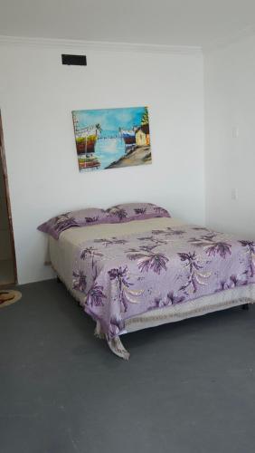 Bett in einem Zimmer mit einem Bild an der Wand in der Unterkunft Casa de Praia em Icaraizinho Anahí Lodge in Amontada