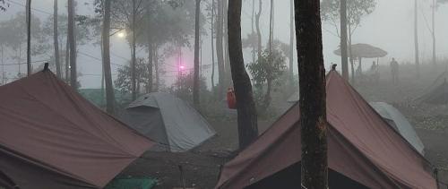 kolkumalai tent stay في Suryanelli: مجموعة من الخيام في الغابة تحت المطر