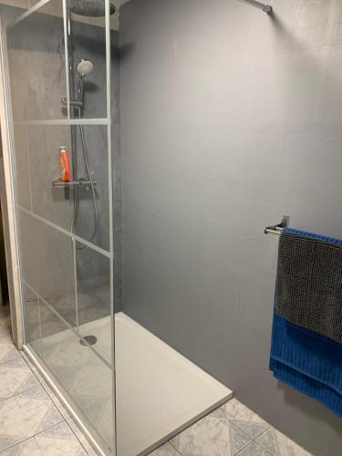 a shower with a glass door in a bathroom at Le Numéro 2 in Ornans