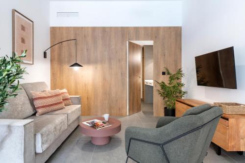 セビリアにあるRafael Salas Suite Apartmentsのソファとテレビのあるリビングルーム