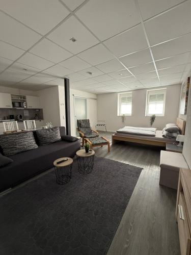 un salon avec un canapé et une table dans l'établissement Modernes 1-Zimmer-Apartment im Herzen Oberkochens, à Oberkochen