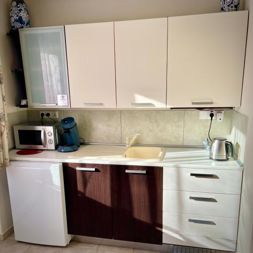 a kitchen with white cabinets and a sink and a microwave at Rooi Bij de Knoptoren B&B in Sint-Oedenrode