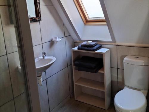 a bathroom with a sink and a toilet and a window at Suites on 74 in Worcester