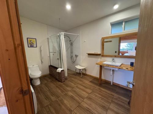 Un baño con ducha, inodoro y lavabo. en Huillín Lodge, en Huillinco