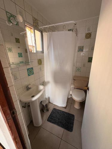 ラ・セレナにあるCómoda casa a pasos de la playaのトイレ、洗面台、シャワー付きのバスルーム