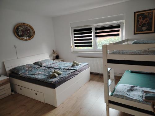 um quarto com dois beliches e uma janela em Apartma Laganini em Bosiljevo