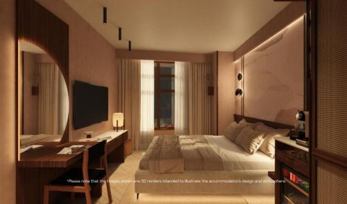 Un dormitorio con una cama, un escritorio y un espejo. en Hotel Trianon, en Bucarest