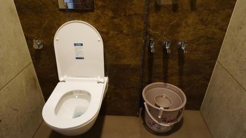 奇克马格尔Shrivari Homestay的带马桶和垃圾桶的浴室