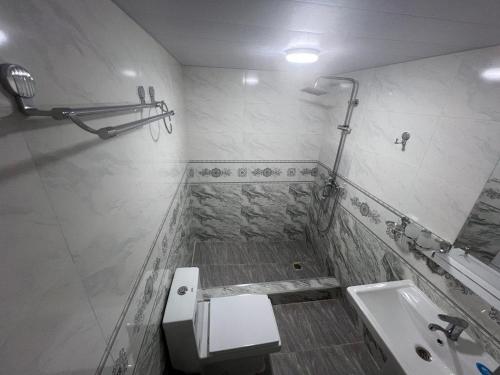 a bathroom with a toilet and a sink at Pearl House in Muruntau