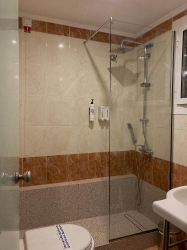 ein Badezimmer mit Glasdusche und WC in der Unterkunft Mantas Hotel in Loutraki