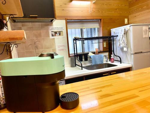 eine Küche mit einem Mülleimer neben einer Spüle in der Unterkunft The Black Wolf in Hakuba