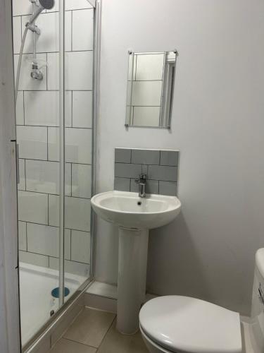 a bathroom with a sink and a toilet and a shower at Westfield Street in Saint Helens