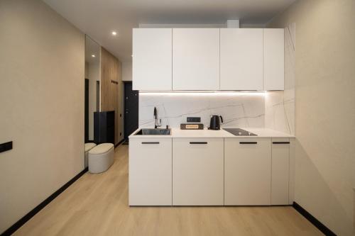 Η κουζίνα ή μικρή κουζίνα στο Затишні апартаменти біля метро Житомирська, світло є завжди