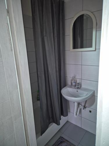 a bathroom with a sink and a shower curtain at Prenociste Aurelia in Subotica
