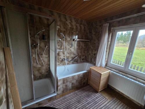 a bathroom with a tub and a shower with a window at Ferienhaus DaPfusterer in Bad Mitterndorf