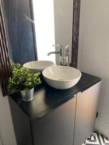 un baño con lavabo y espejo en Studio Bord Loire, en La Riche