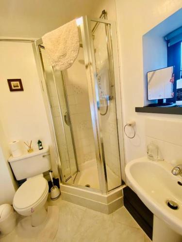 a bathroom with a shower and a toilet and a sink at School House in Patterdale