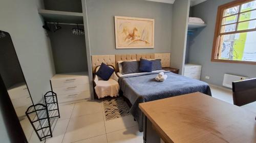 Un dormitorio con una cama con un gato sentado en ella. en Quarto Plus Gonzaga, en Santos