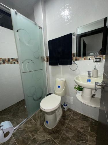 a bathroom with a toilet and a sink at Guatavita Loft - Apartamento in Guatavita